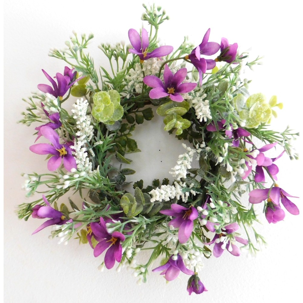 Dusty Miller Mini Wreath‎ Eucalyptus Purple Flowers Candle Ring